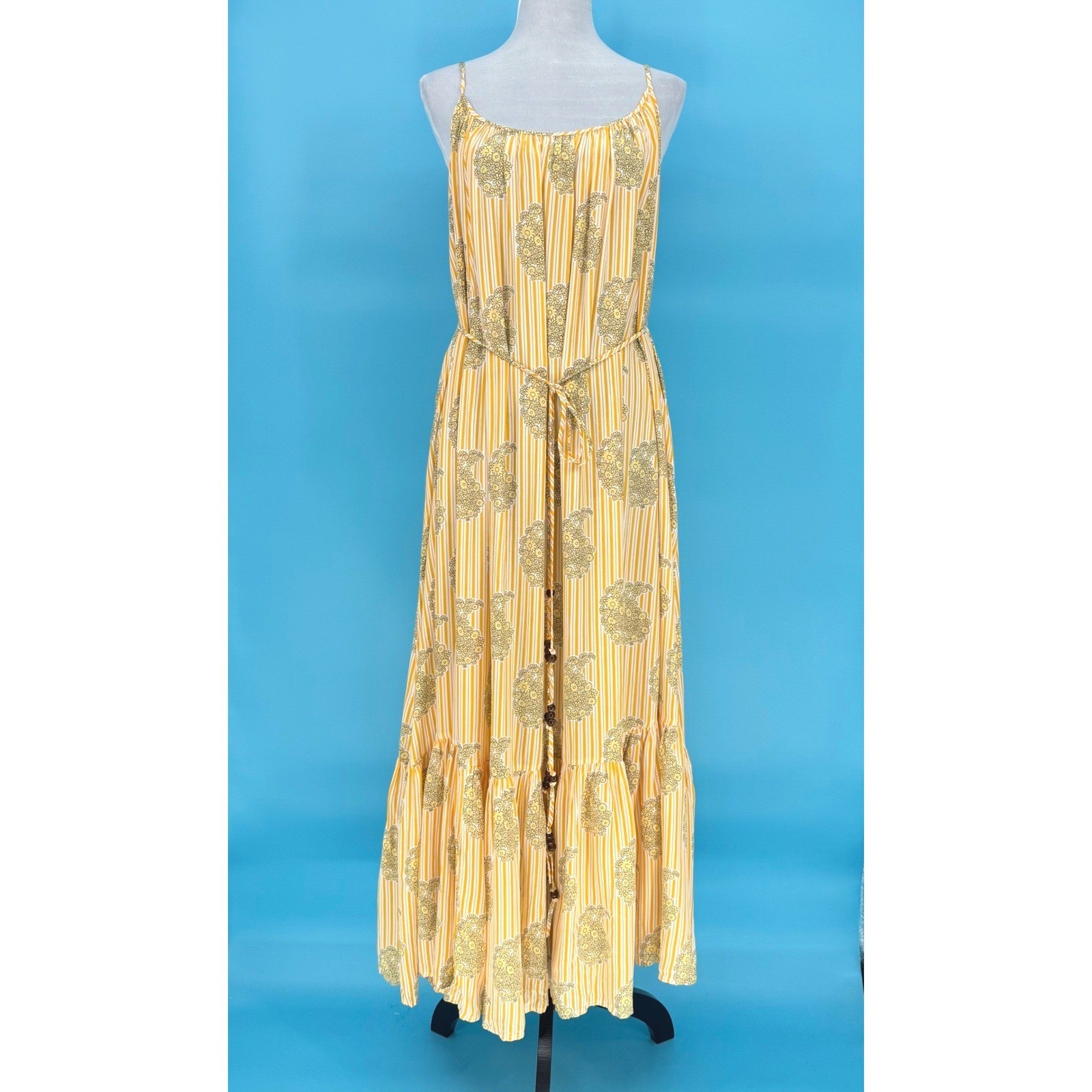 J.Crew Yellow Striped Floral Paisley Backless Maxi Dress Beaded Belt XXL Womens