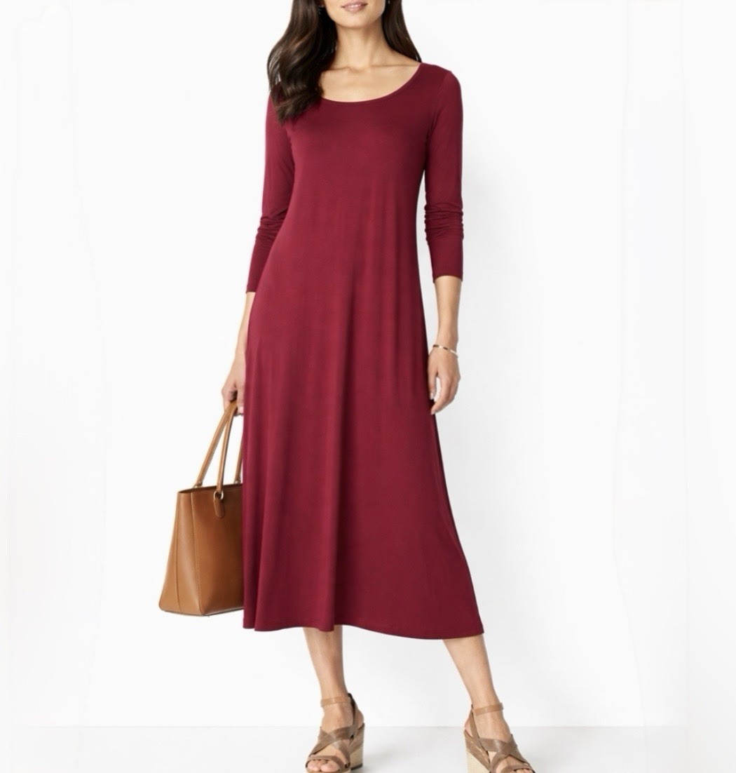 💥Eileen Fisher Scarlet Red Viscose Jersey Keyhole-Back Midi Dress Sz Medium 💛