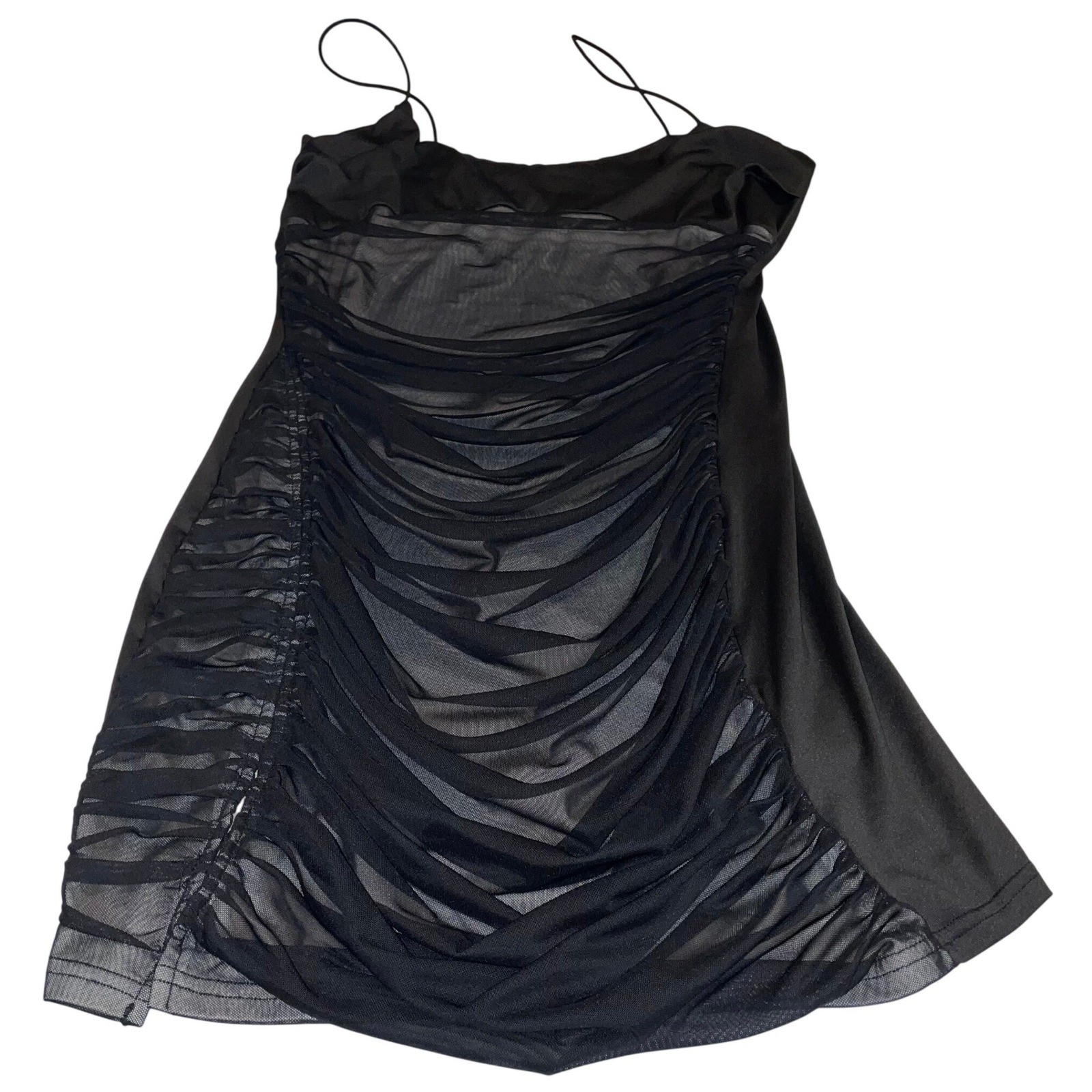 Y2K Black Ruched Mesh Mini Dress Bodycon Sheer Club Party Going Out Dress