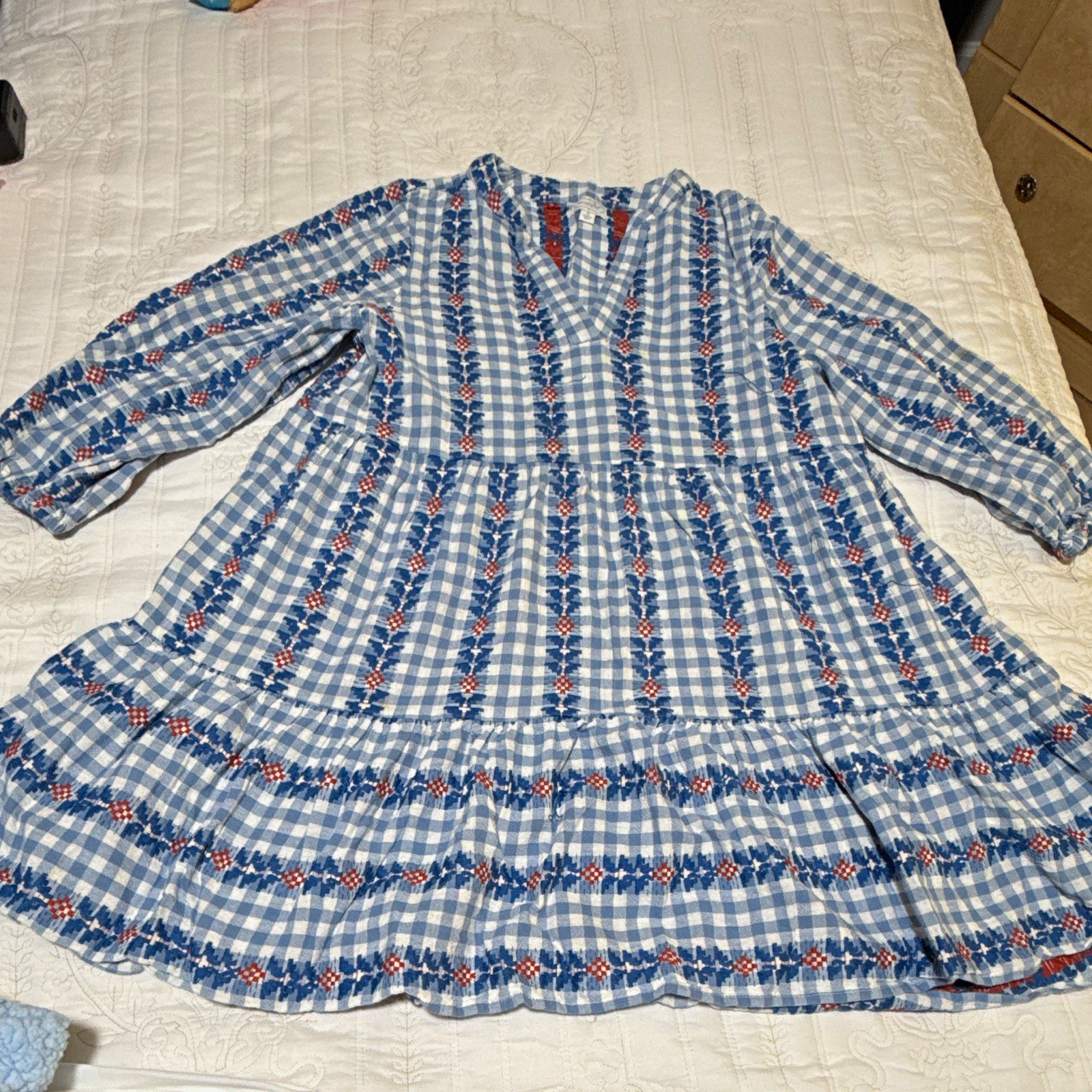 Women’s Dress S Blue/White/Red Gingham V-Neck Long Sleeve Tiered Babydoll