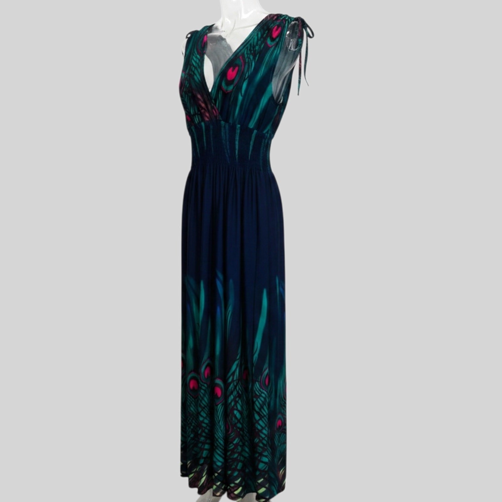 Raya Sun Navy Teal Peacock Feather Maxi Dress Smocked Fairy Whimsigoth Size L