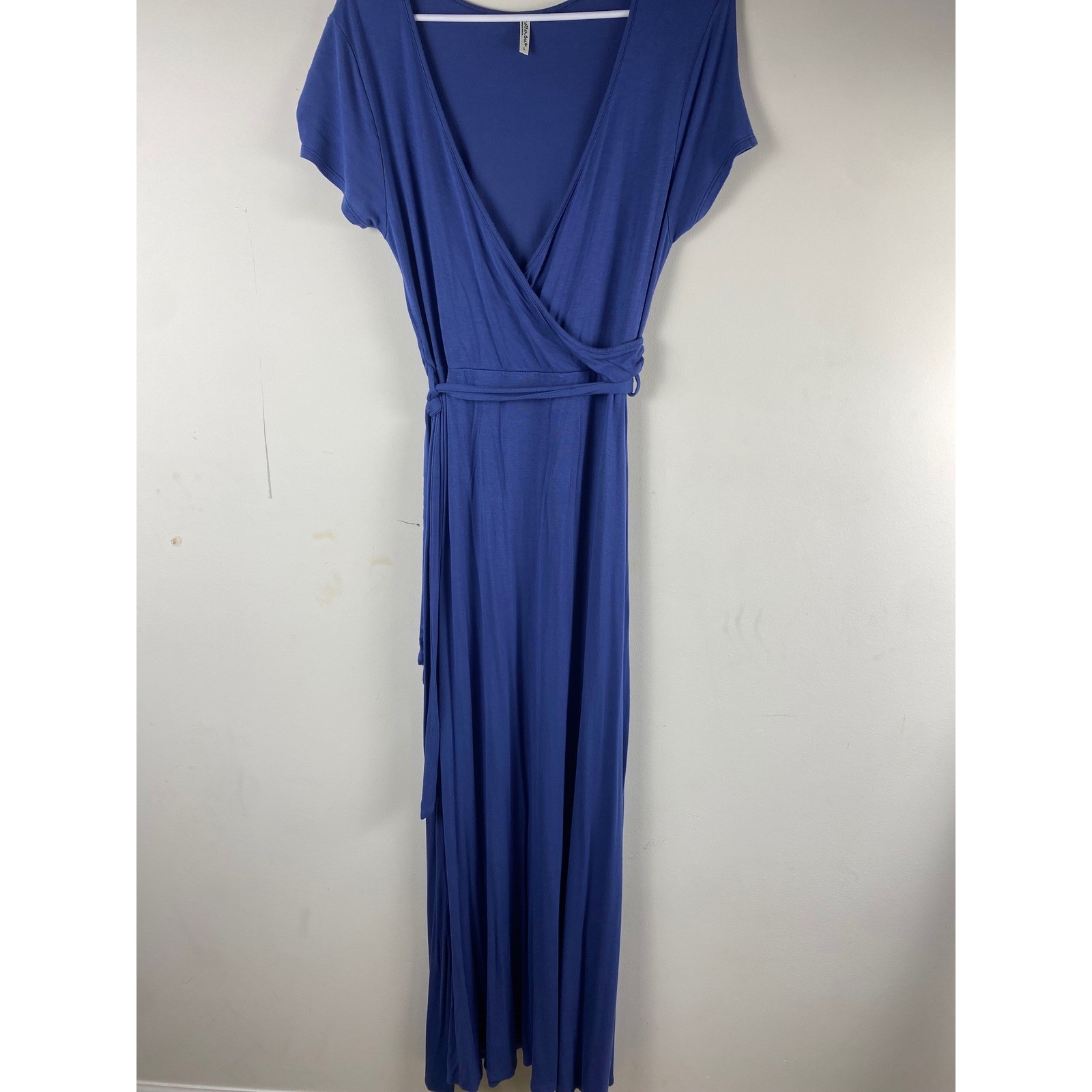 Mother Bee Maternity Blue Wrap Maxi Dress Short Sleeve V-Neck Gown Size Large