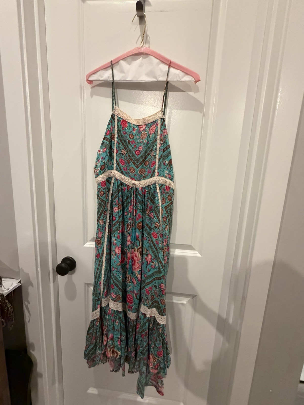 Spell & The Gypsy Babushka Bohemian Floral Maxi Dress in Teal Sz M