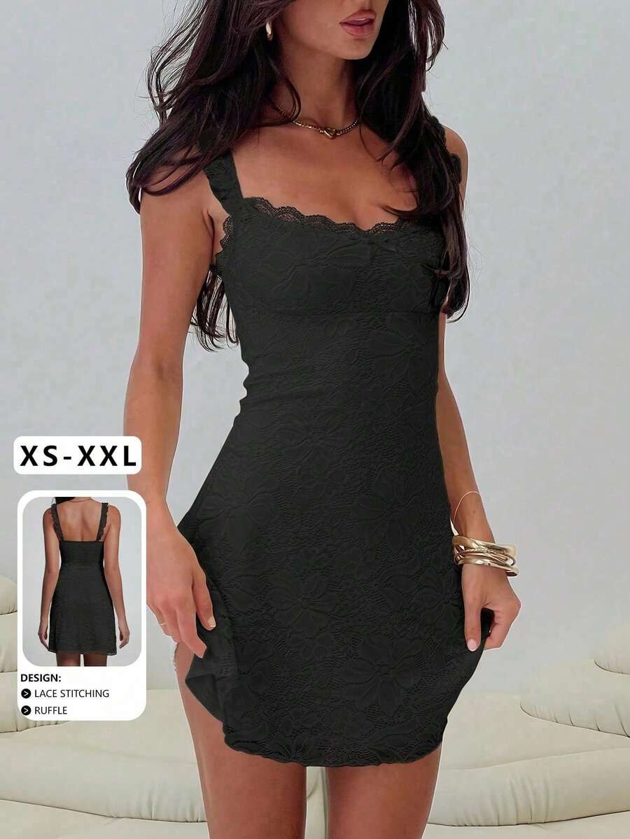 Elegant Lace Patchwork Mini Dress Backless Spaghetti Strap Zipper Party Slim