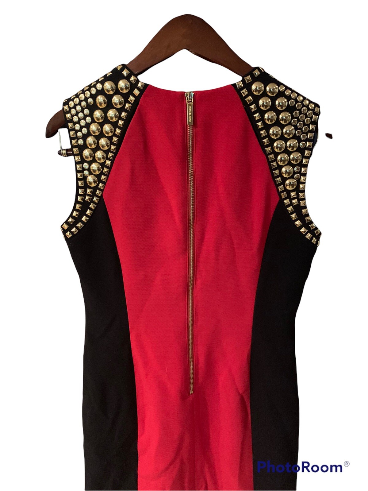 Women Designer MICHAEL KORS Red Black Gold Embellished Shoulder Cocktail Dress 4