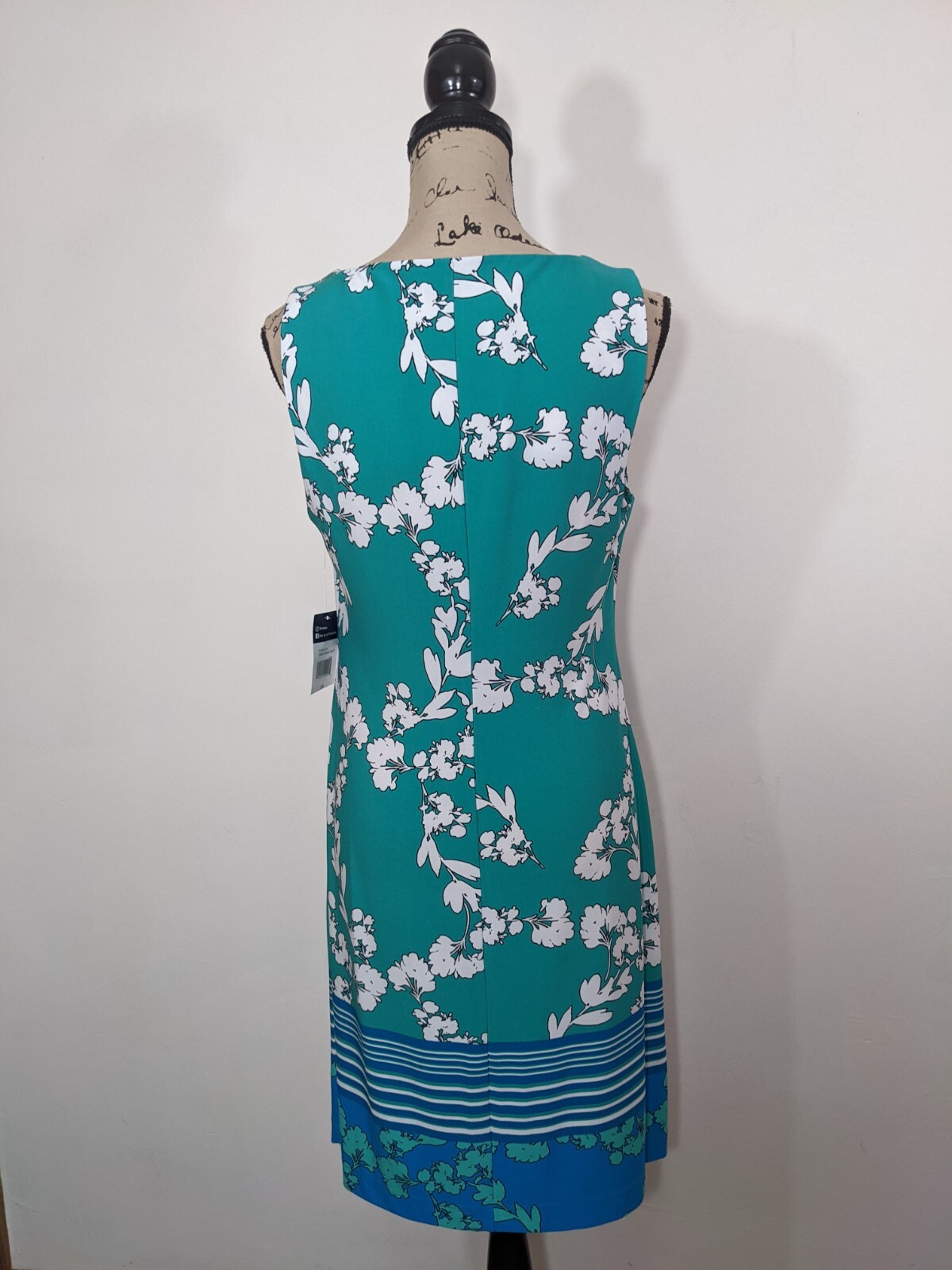 NWT CHAPS Floral Jersey Sheath Dress Green Blue White Stretch Sleeveless Sz 10