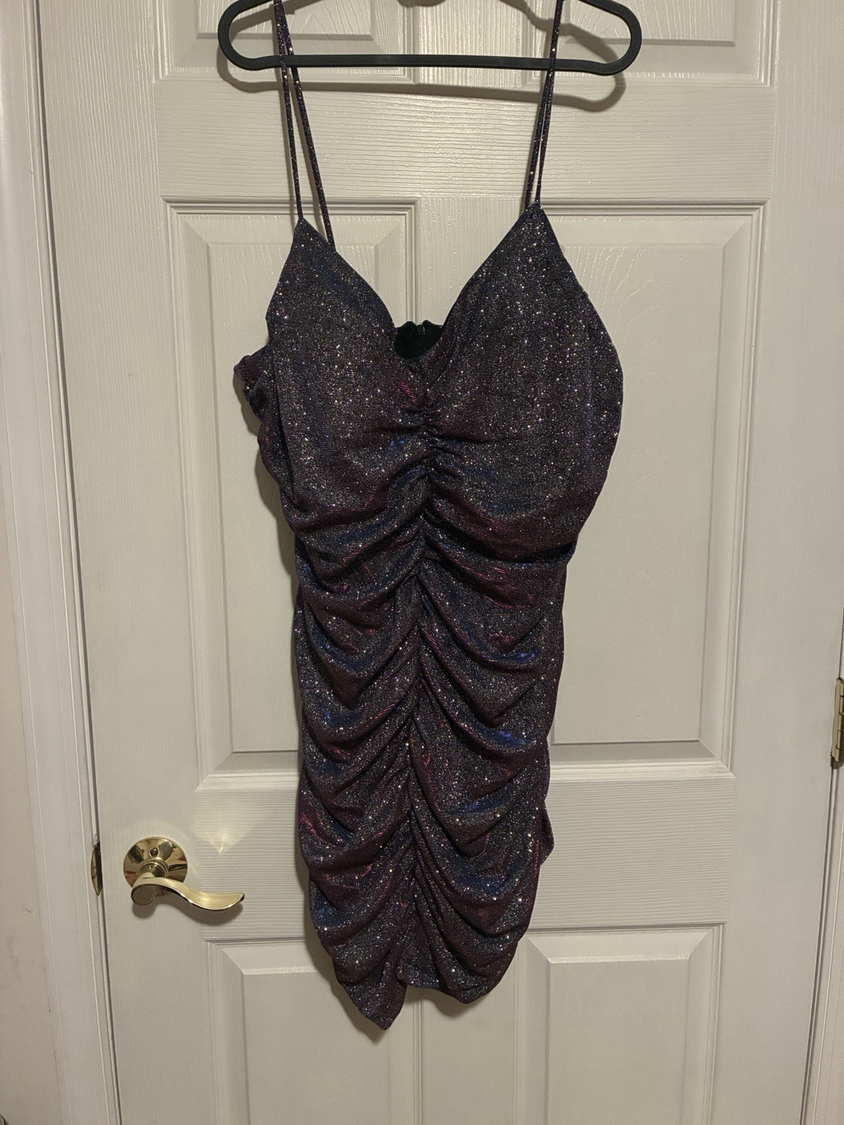 Jump Apparel 2X Purple Glitter Ruched Bodycon V-Neck Spaghetti Strap Mini Dress