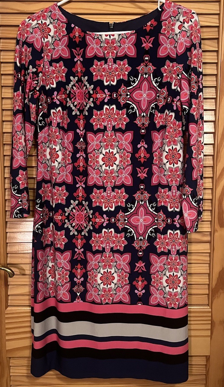 Vince Camuto Navy Pink White Floral Round Neck 3/4 Sleeve Shift Dress Zip 6