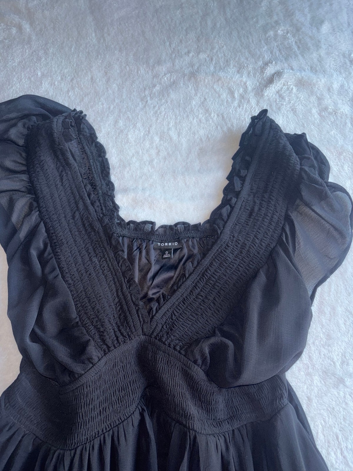 Torrid Size 0 Black Smocked Mini Dress Ruffle Shoulder Chiffon Flared L 12