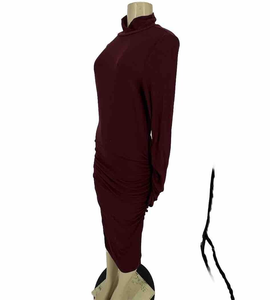 Sanctuary Wine Burgundy Bodycon Ruched Turtleneck Ribbed Midi Dress 35-23