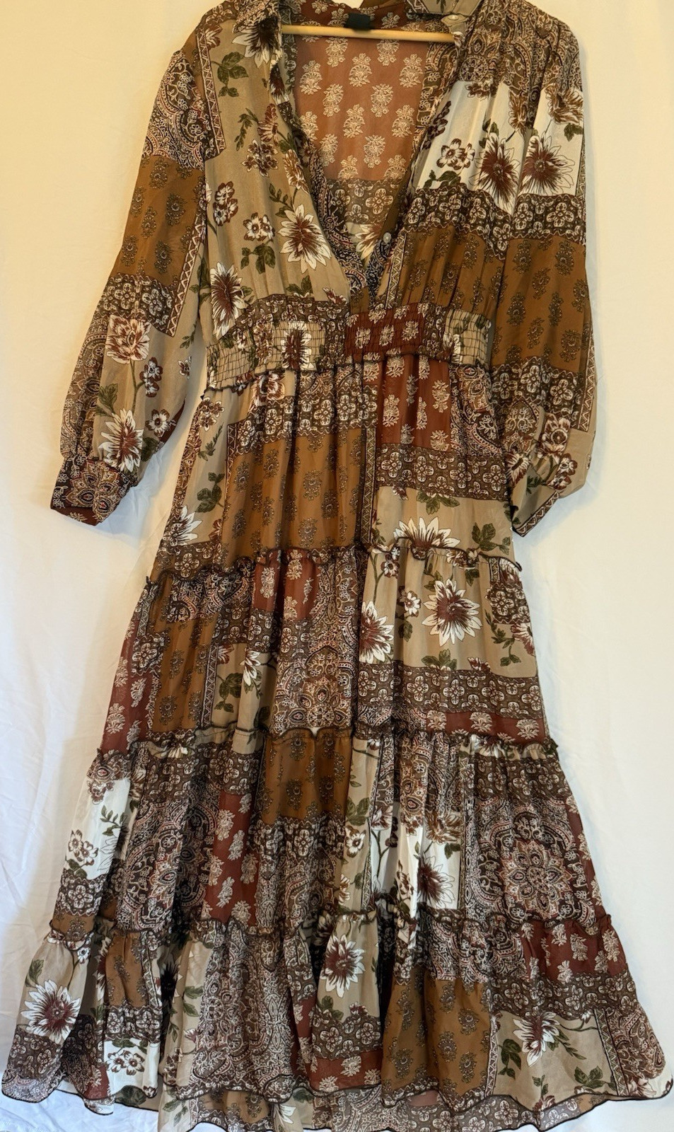 Kate and Lily Floral Bohemian Long Sleeve Maxi Dress Brown Beige Green Size 14