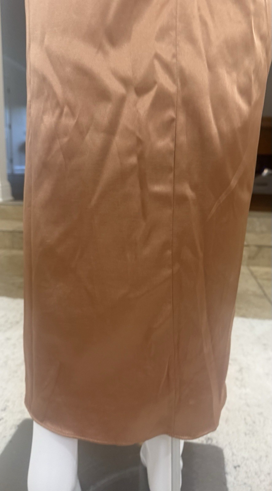 After Six Stretch Satin Toffee Halter Midi Dress with Draped Tulip Skirt Size 2R