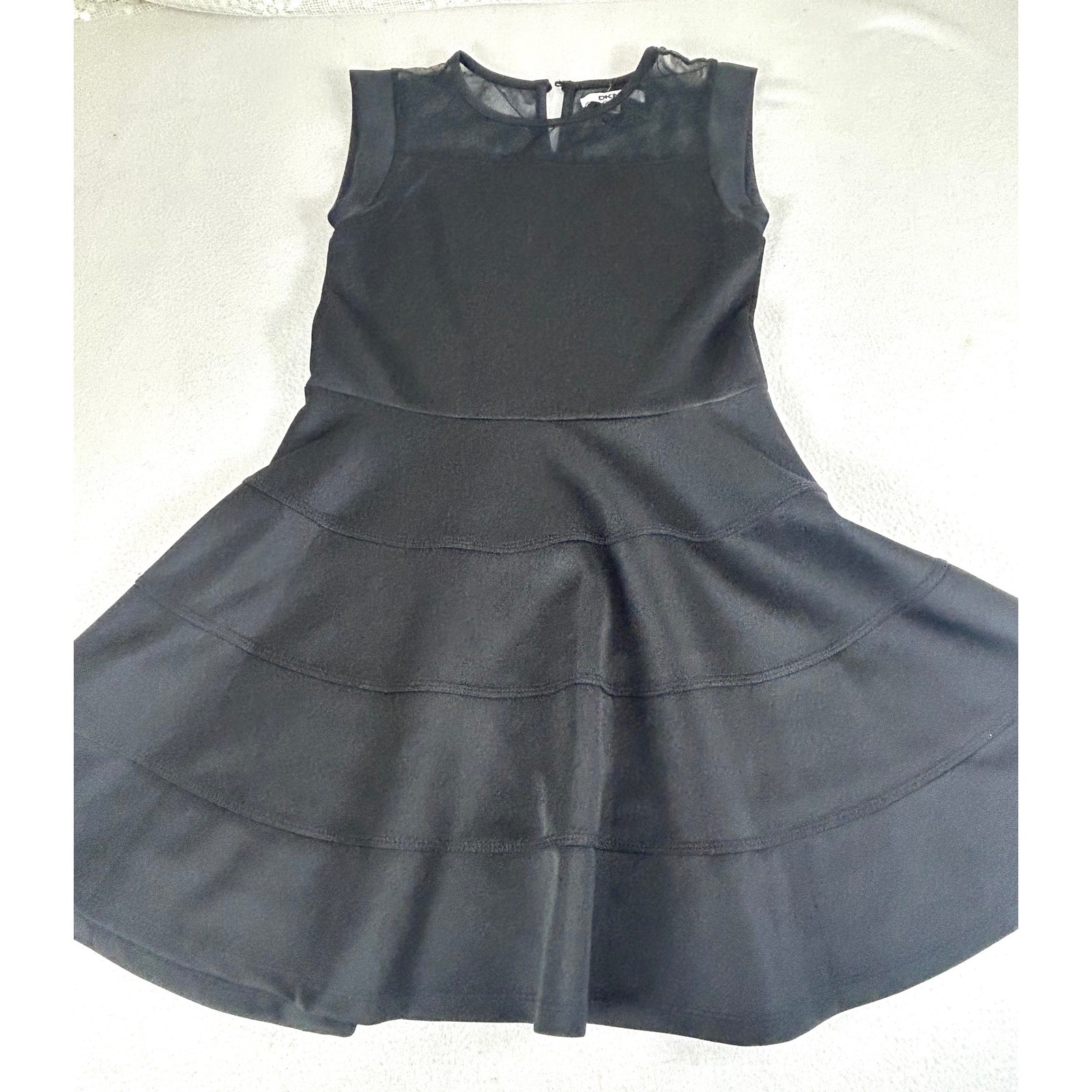 DKNY Fit and Flare Dress Womens XL Black LBD Mesh Yoke Tiered Skirt Contemporary