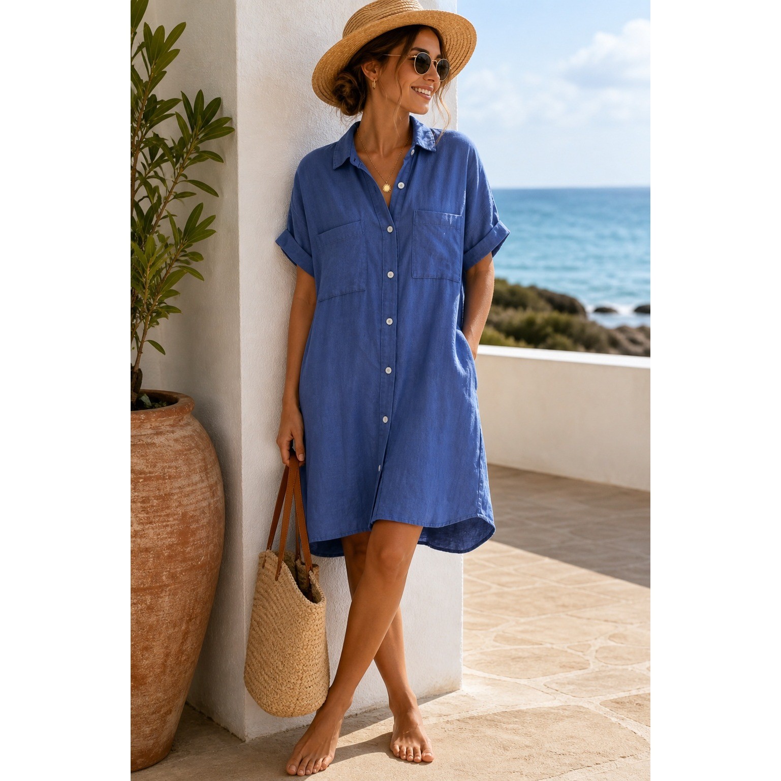 Zilcremo Shirt Dress XL Blue Button Down Tunic Casual Coastal Minimalist Travel