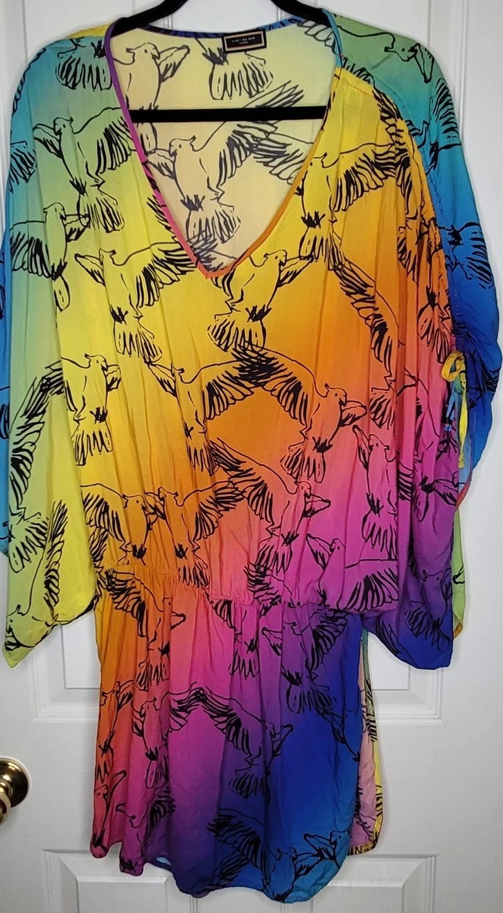 Kurt Geiger London Multicolor Parrot Print V-Neck Long Sleeve Cover-Up Dress L