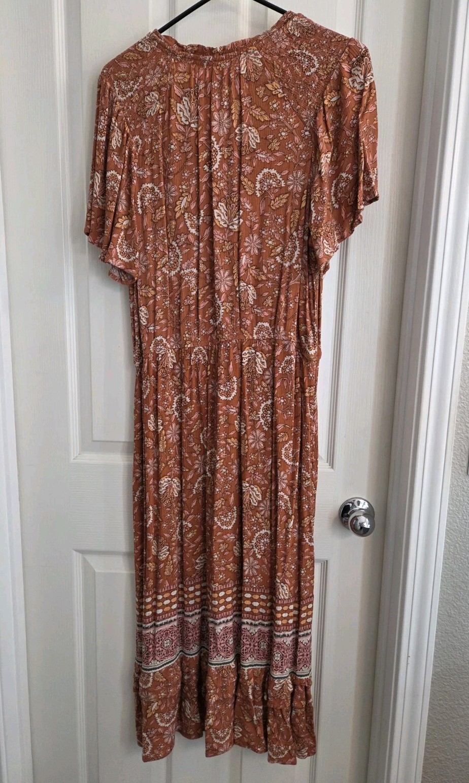 Knox Rose Dress Womens L Orange Rust Flutter Short Sleeve Tier Maxi Floral Boho