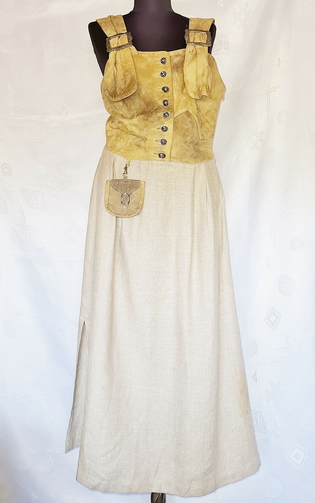 VINTAGE HANDMADE TYROL OKTOBERFEST DIRNDL LINEN LEATHER WOMENS DRESS US 12 EU 40