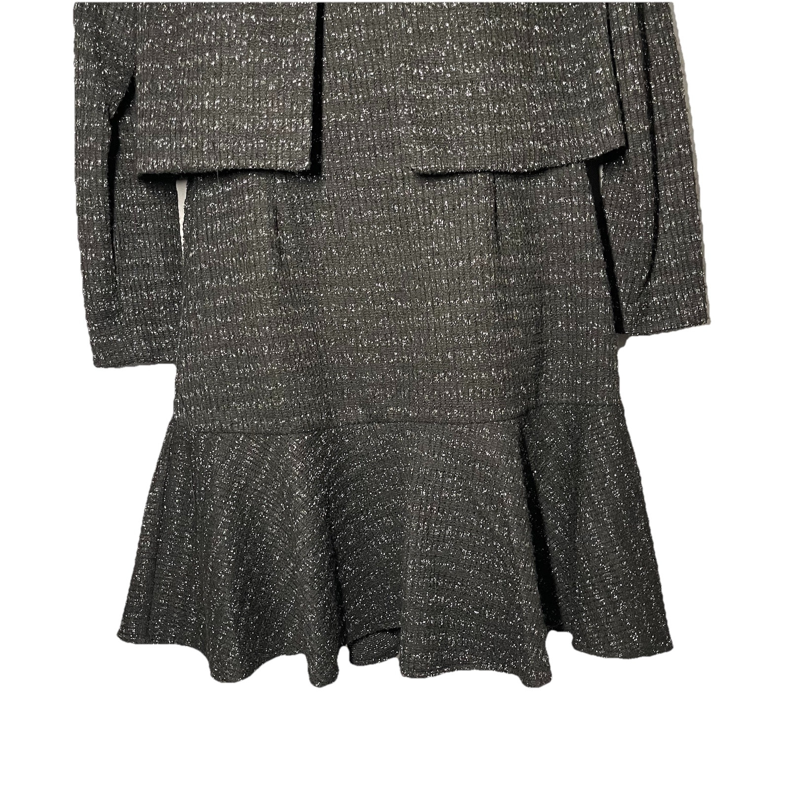 Taylor 2Pc Jacket/Shift Dress Set Size 6 Black Metallic Tweed Flounce Hem Money