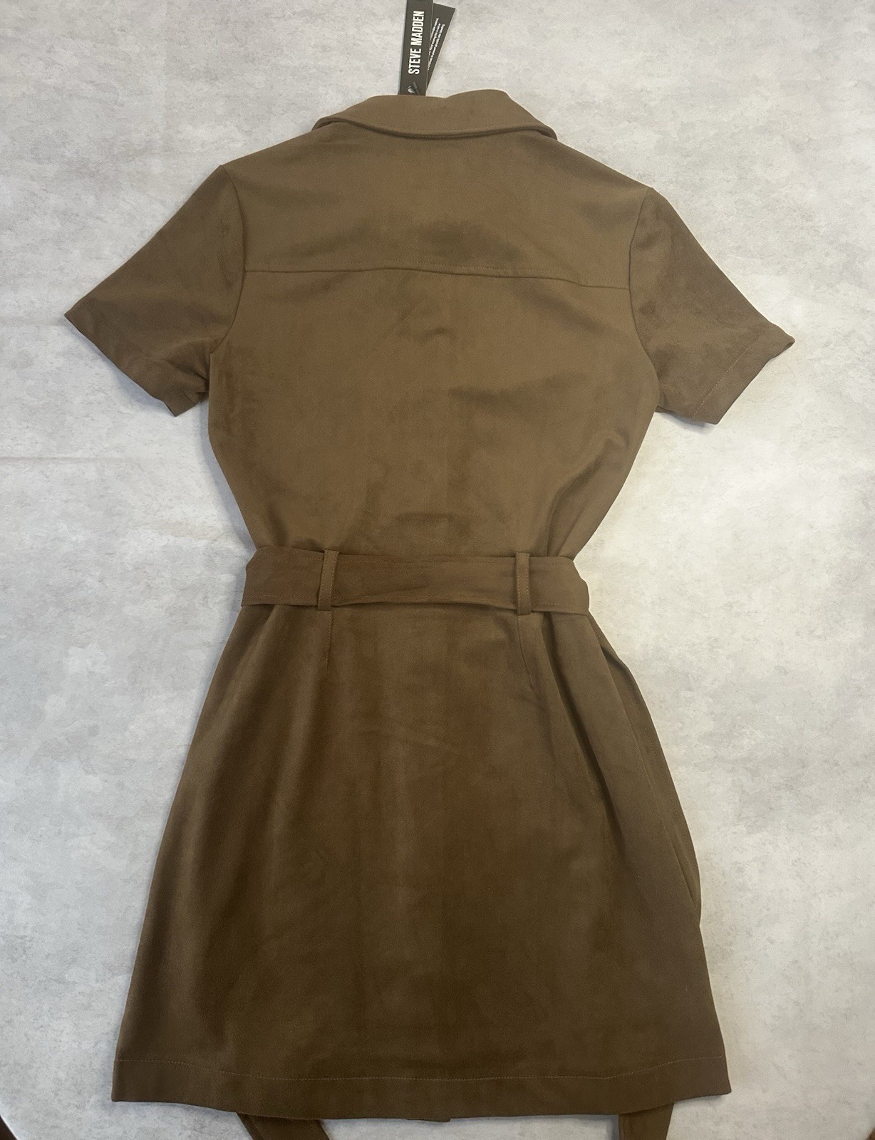 Steve Madden Brown Faux Suede Belted Mini Shirt Dress Button Front Size S