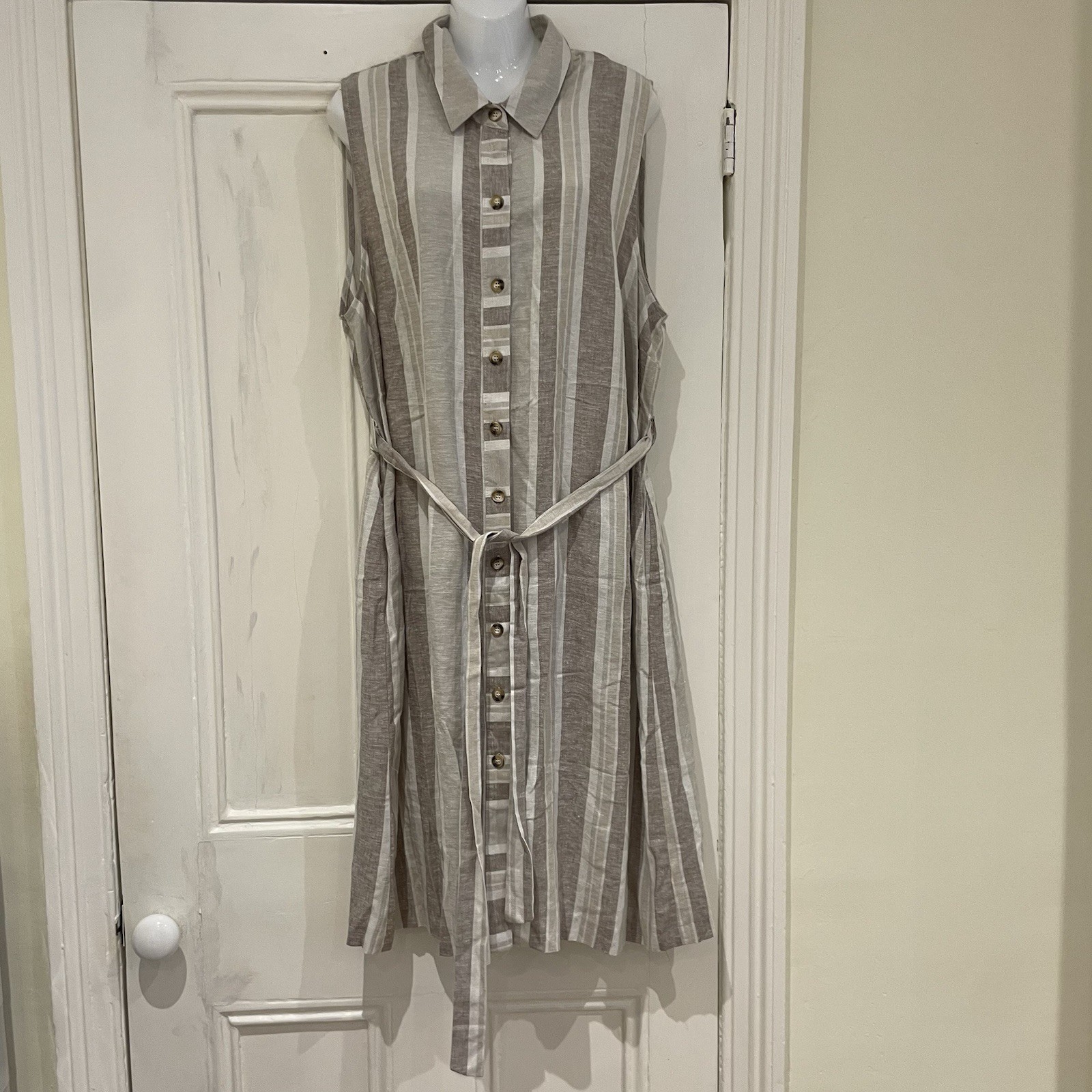 Tu Linen Blend Neutral Striped Button Midi Dress – Belted – Sleeveless – UK 20