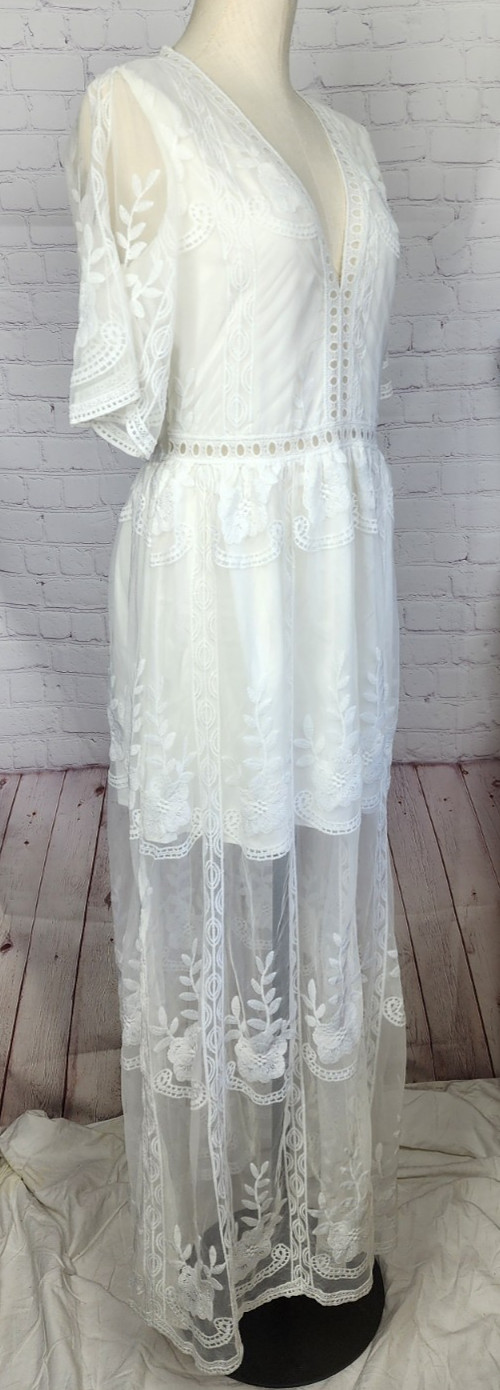 Boho Dress Romantic Sheer Lace Lined Side Slits Wedding Hippie Coquette Size S