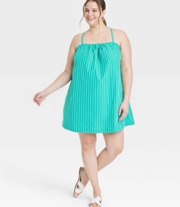 A New Day Dress Women’s 3X Green White Stripe Mini Sleeveless Tie Back New
