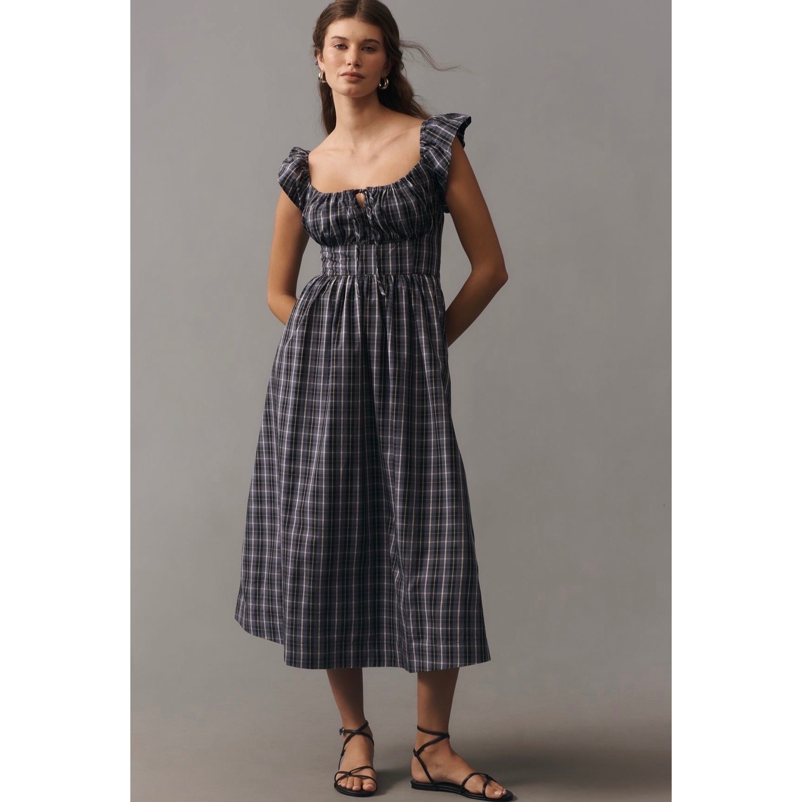 Anthropologie Plaid Ruffle Sleeve Smocked Midi Dress Blue White Size M NWT