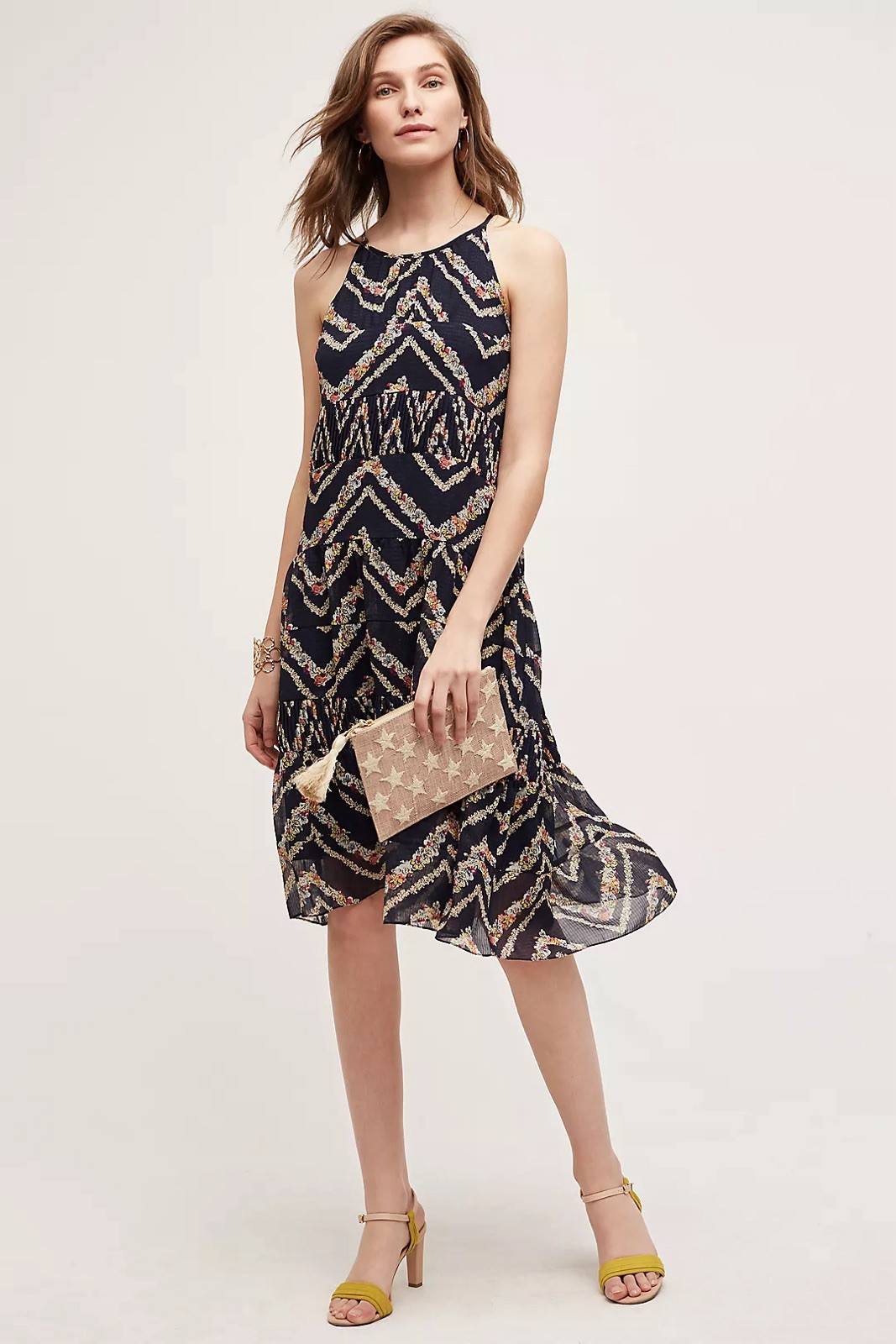 Anthropologie HD in Paris Rococo Midi Dress Sz M Floral Puckered Tiered Preppy