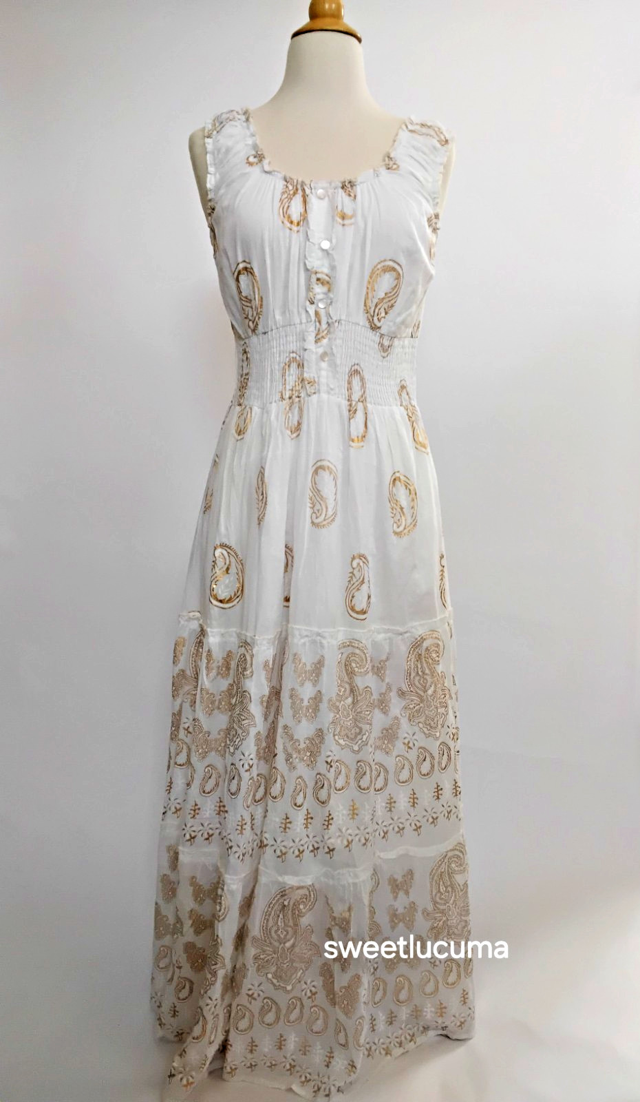 NWT Me 2 Magic Anthropologie Maxi Dress XL Ivory Gold Lurex Cotton Smocked Boho