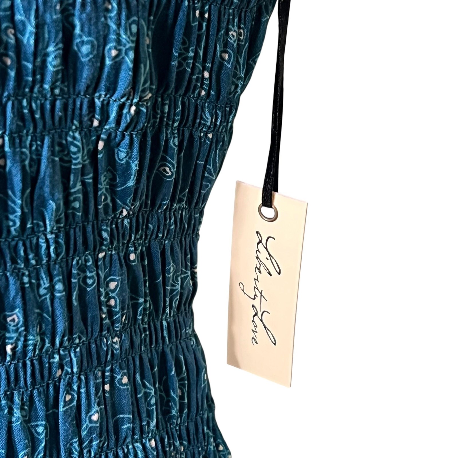 Liberty Love Mini Dress Womens Large Blue Ruffle Mini Floral Smocked Cap Sleeve
