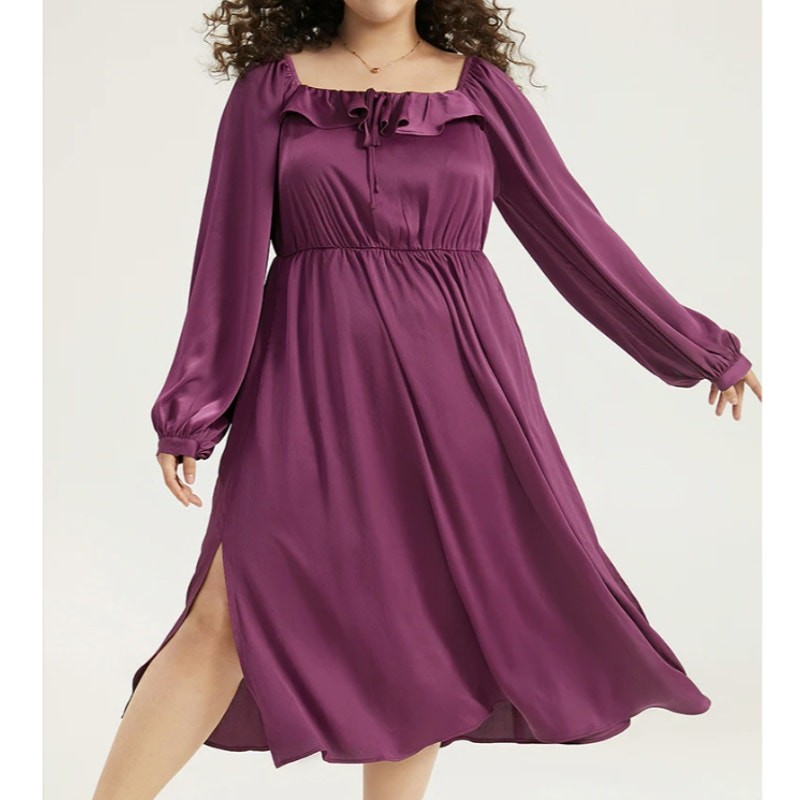 BloomChic Aubergine Purple Ruffle Neck Midi Dress Side Slit Plus 18/20 NWT