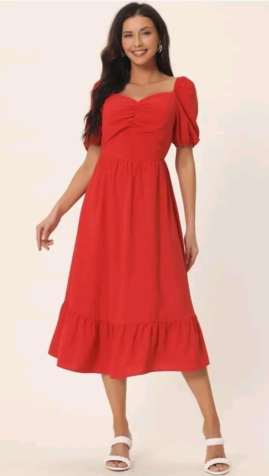 Seta T Womens RED Dress Sweetheart Neck Puff Short Sleeve Smocked Back, Small