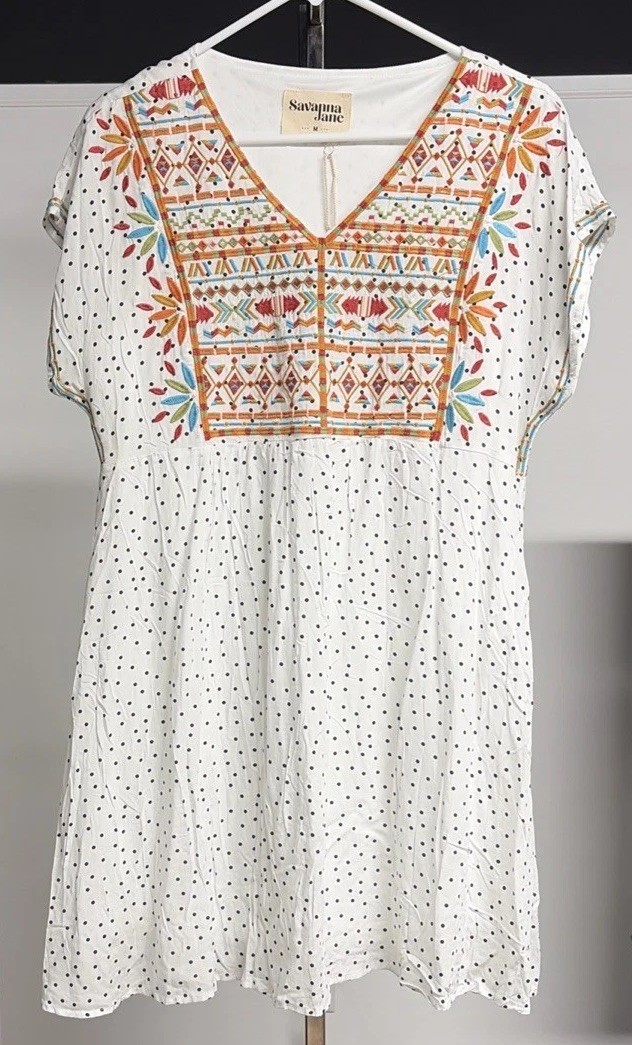 Savanna Jane Embroidered Boho Mini Dress M Polka Dot Festival Peasant Indie NWT