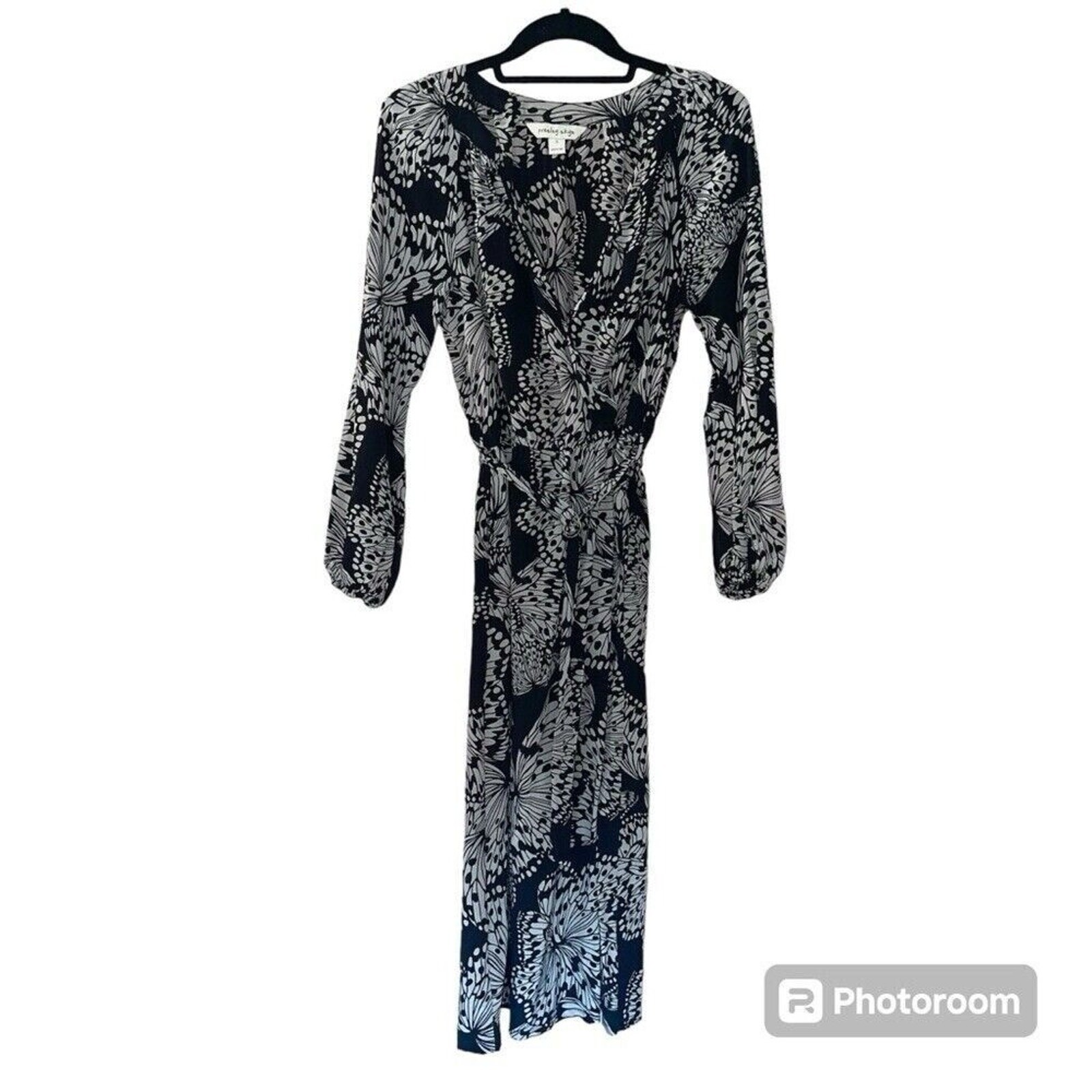 Presley Skye Midi Butterfly Print Silk Dress Black Sz S Classic Sheer Whimsigoth