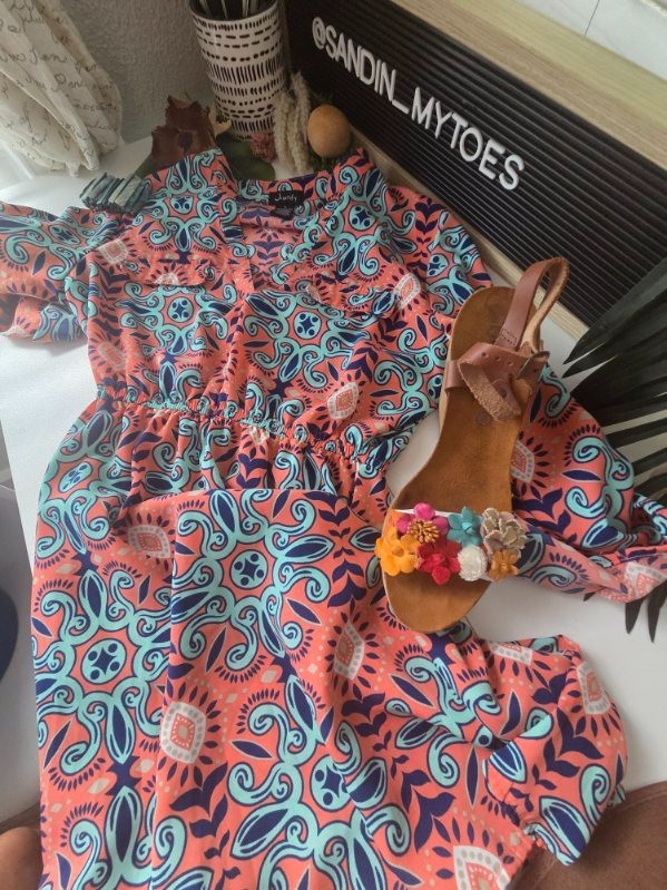 Geometric Paisley Pink/Blue Print 3/4 Sleeve Elastic Waist Midi Summer Dress S