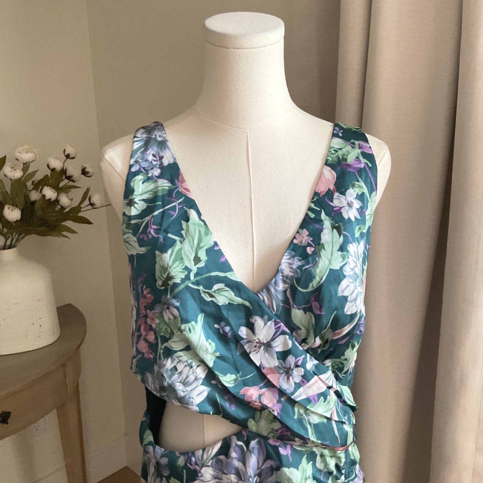 ASTR the Label Teal Floral Pleated Cutout Maxi Dress XL Sleeveless Slit Gown