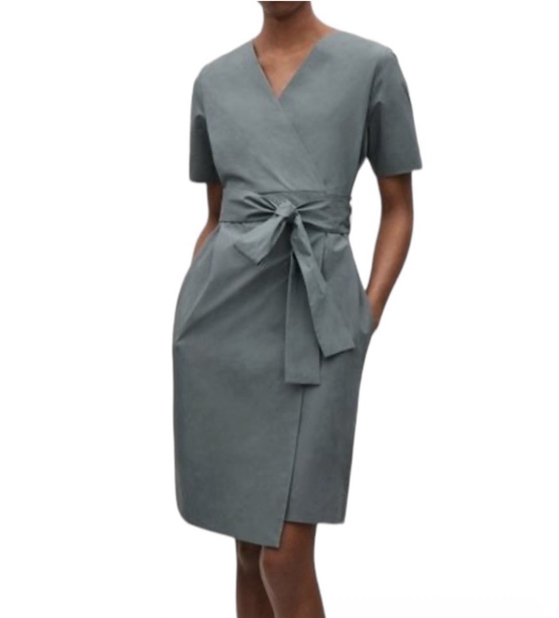 COS Wrap Dress Women’s 36/ 6 Stone Gray Poplin Waist Tie Pockets V-neck Preppy