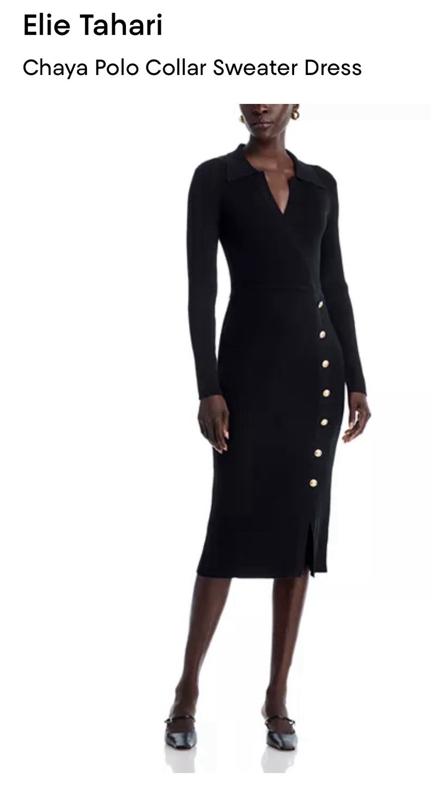 Elie Tahari Black Polo-Collar Long Sleeve Midi Dress with Gold Buttons Small