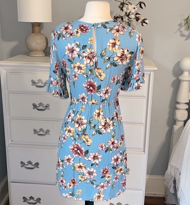 Floral Summer Romantic Dress Blue Flowy Ruffle Sleeve Womens Small Mini