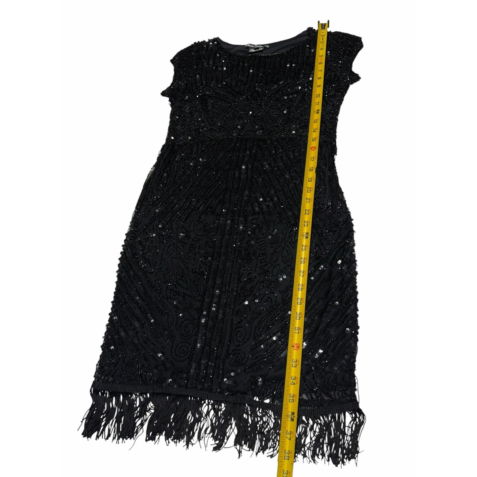 Pisarro Nights Black Beaded Sequin Fringe Cocktail Dress Art Deco Gatsby Flapper