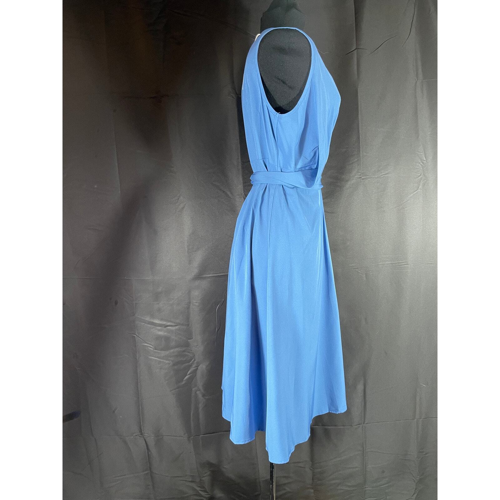 Blue sleeveless knee length dress, rayon fabric, natural drape, small