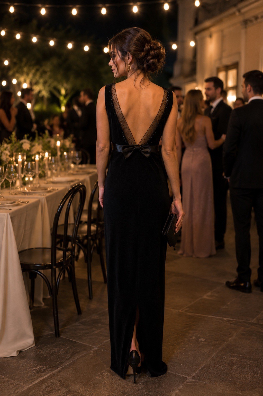 Molly Malloy Evening Black Beaded Bow Open Back Scoop Neck Maxi Dress 6