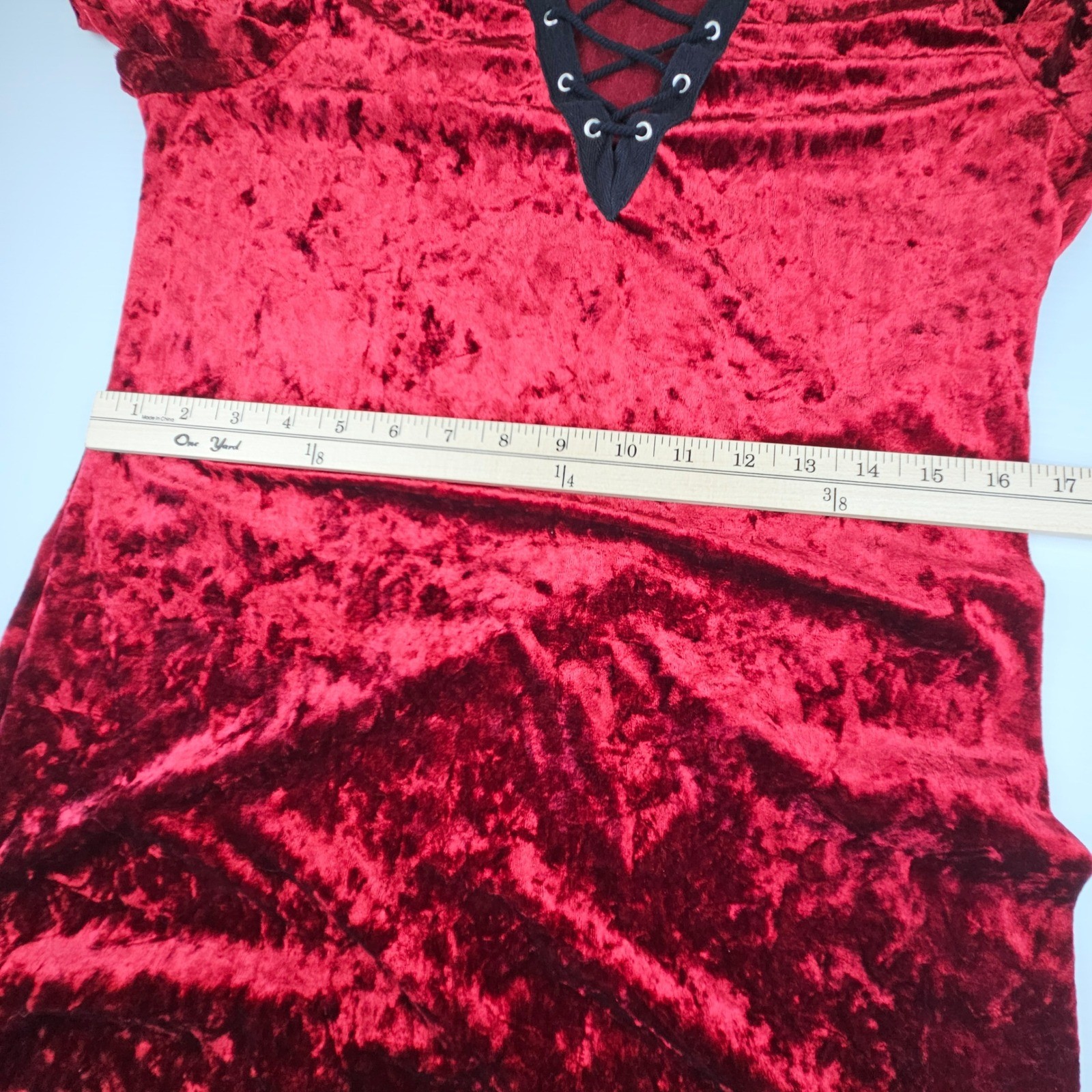 Adam Levine Red Crushed Velour Lace Up Mini Dress Short Sleeve Whimsigoth Y2K