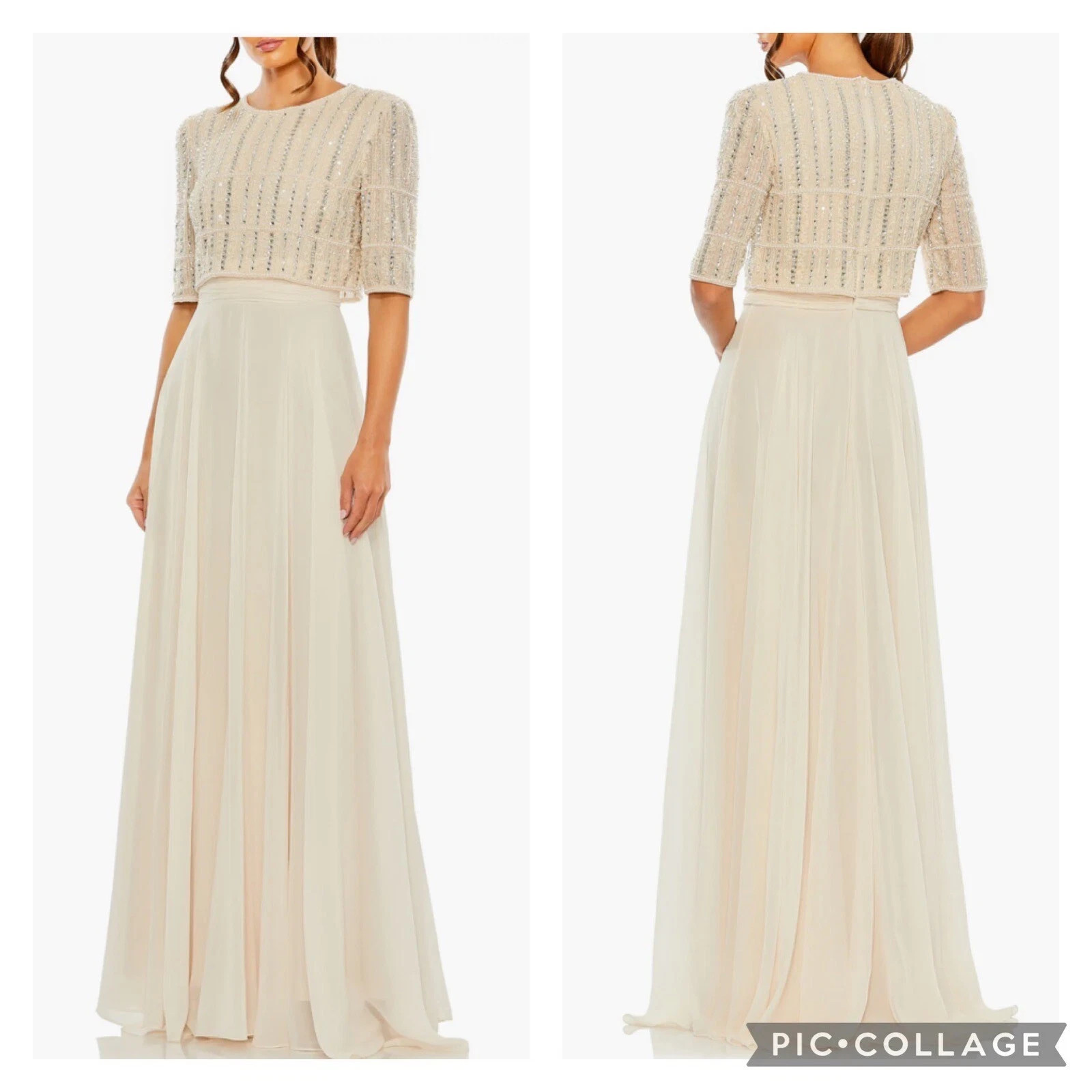 NWT Mac Duggal 9180 Beaded Bodice Chiffon Gown Nude Dress Champagne Ivory Sz 18