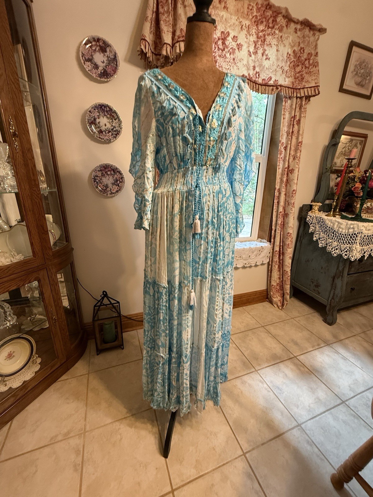 Blue White Boho Maxi Dress Size M Embroidered Lace Tassel Cottagecore Beach