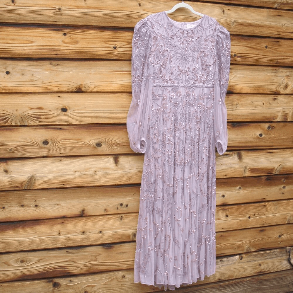 MAC DUGGAL 93930 Purple Puff Sleeve Embellished A Line Gown Dress Size 14