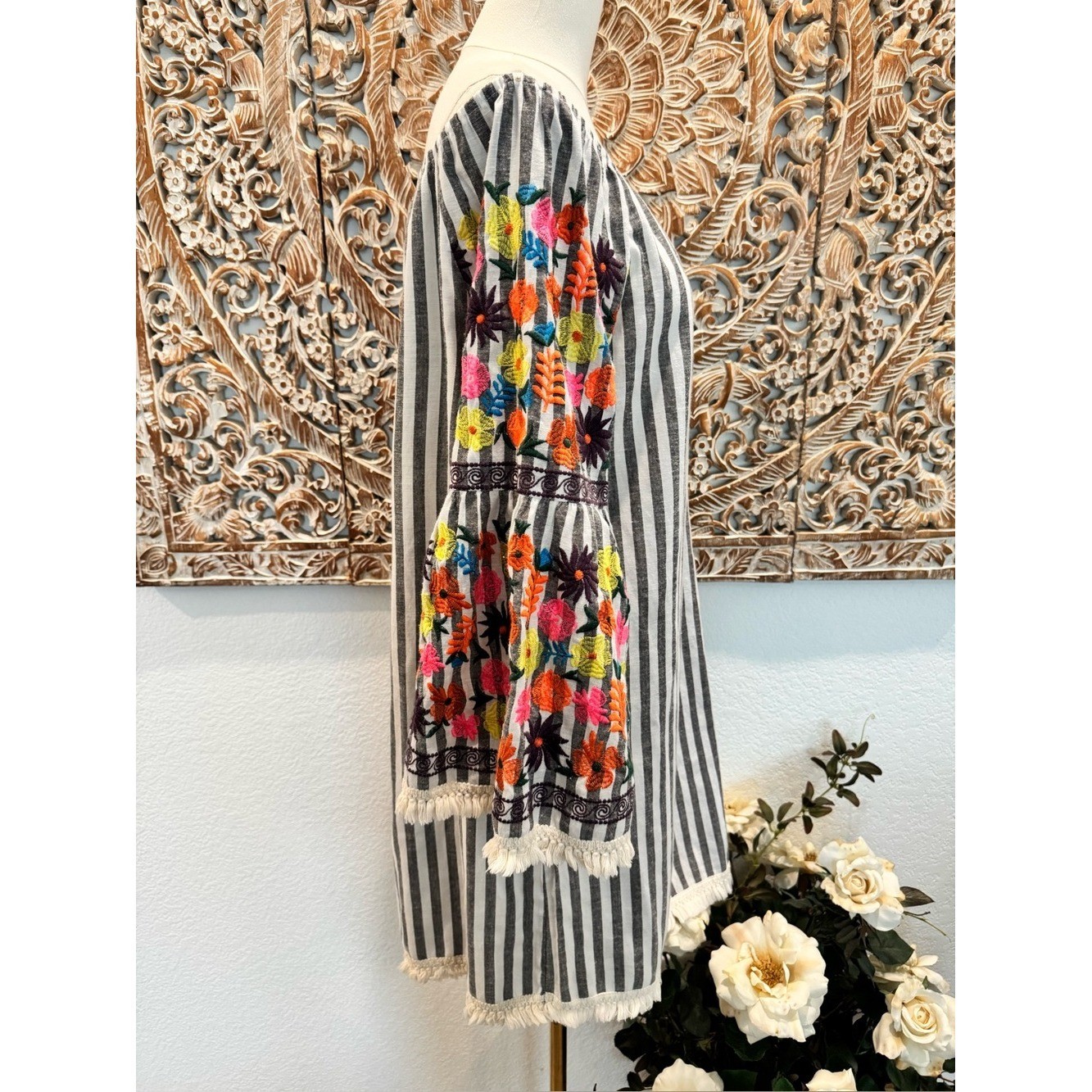 Philosophy Off-Shoulder Striped Tunic Mini Dress, Floral Embroidered Sleeves