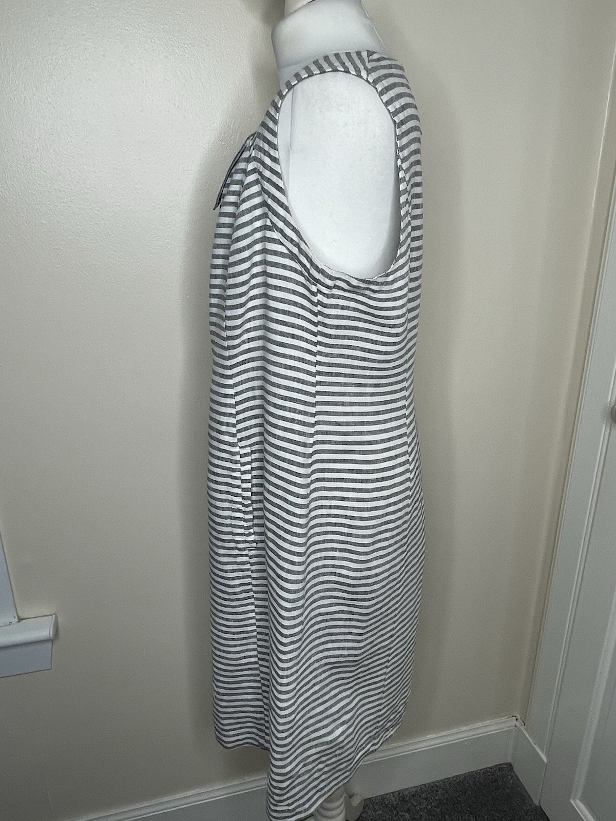 Bitte Kai Rand Grey White Stripe Linen Dress Button Front Pockets Sleeveless VGC