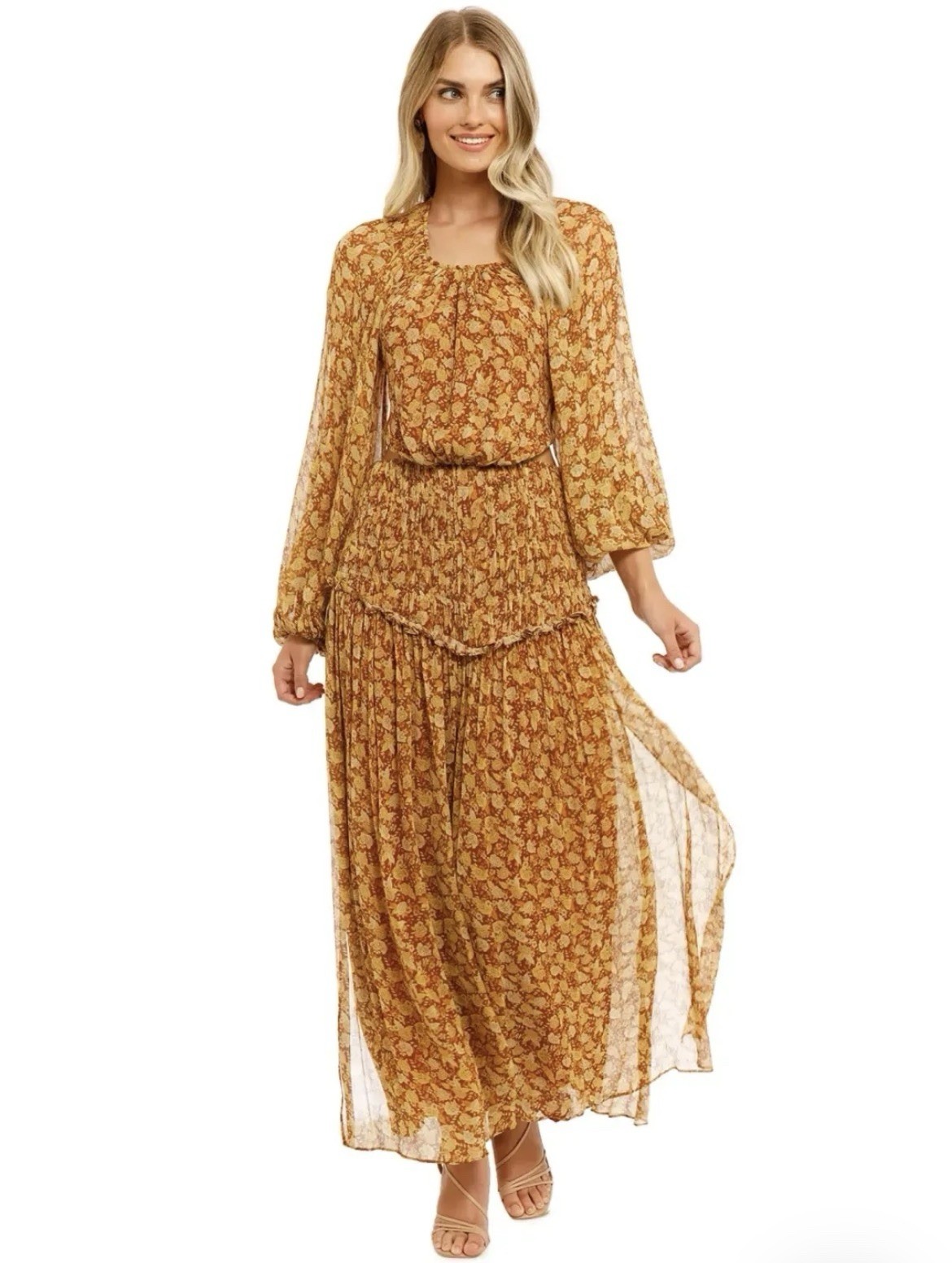 Shona Joy Midi Dress AU12 US8 Sunset Yellow Brown Floral Tiered Long Sleeve New