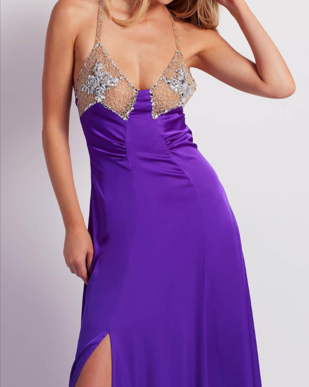 PatBO crystal-beaded side-high-slit open-back black satin gown sz 10 $995
